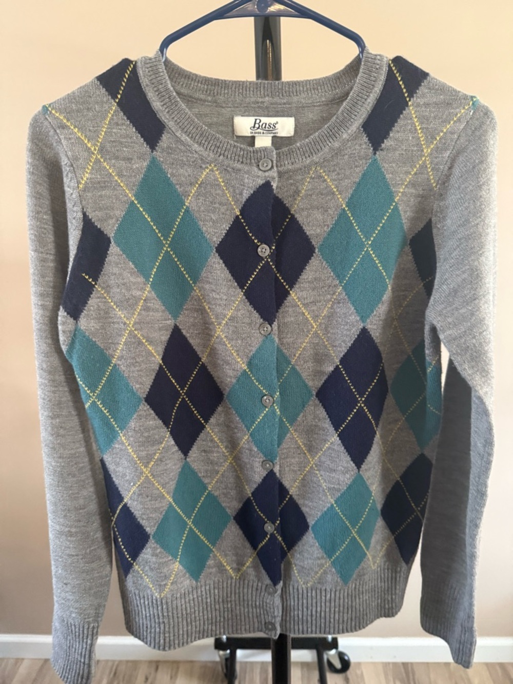 Bass Grey Argyle Cardigan with Teal & Navy Diamonds
